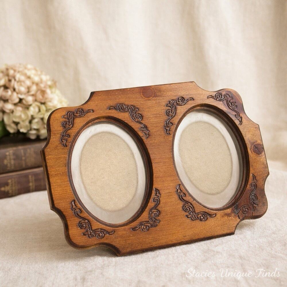 Vintage Wood Scrolled Double 6x5 Picture Photo Frame Mirror Glass Oval Rustic